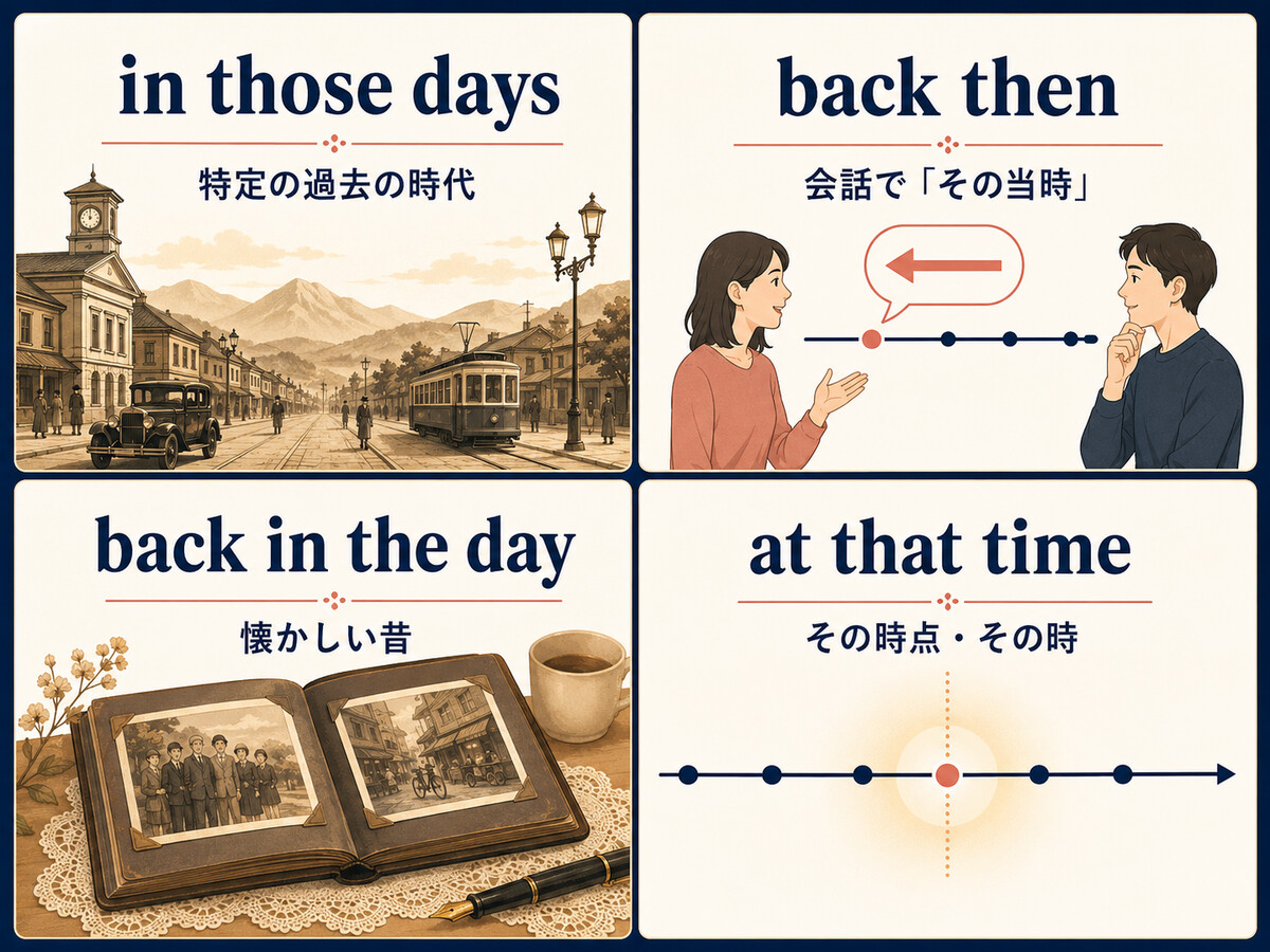 in those days・back then・back in the day・at that timeの違いを示す比較イラスト