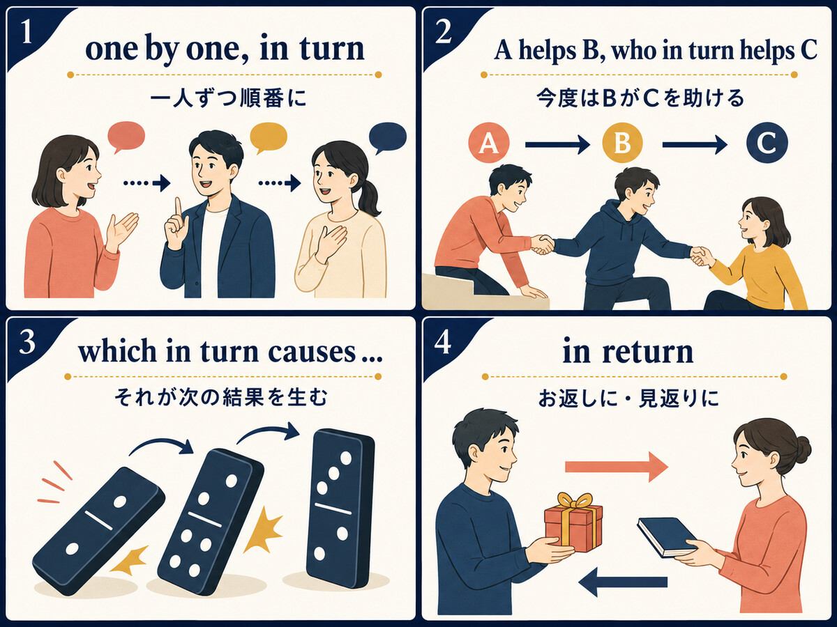 順番・次の人の行動・因果関係を表すin turnとin returnの違いを示すイラスト
