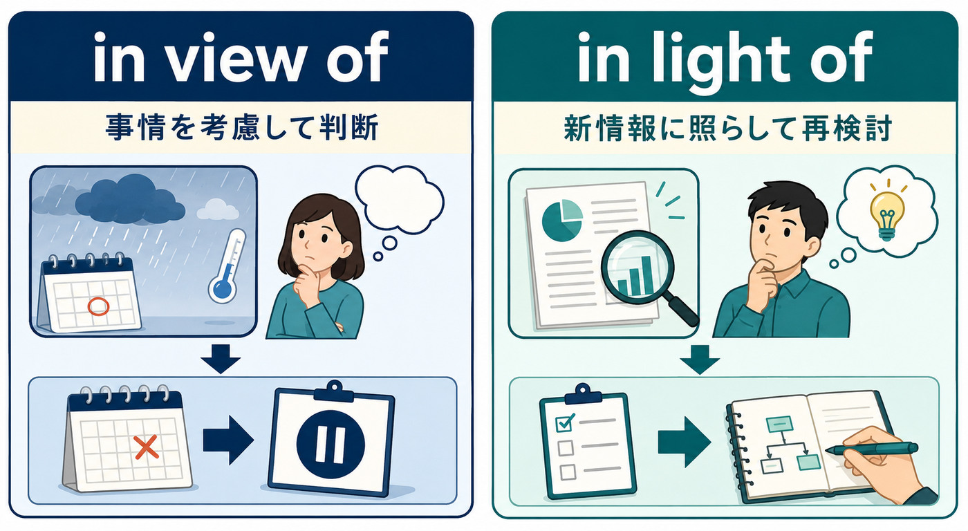 in view ofは事情を考慮して判断し、in light ofは新情報に照らして再検討する違いを示す図