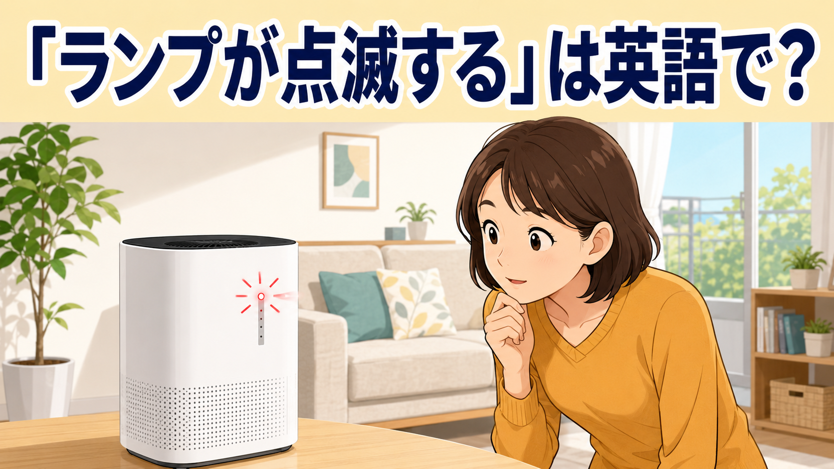 赤い表示ランプが点滅する空気清浄機を見る女性と「ランプが点滅する」は英語で？の文字
