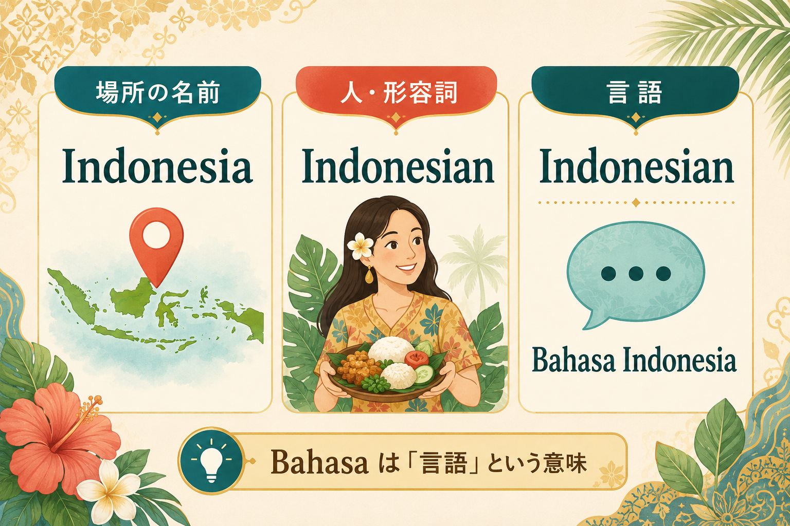場所はIndonesia、人・形容詞・言語はIndonesian、インドネシア語はBahasa Indonesia