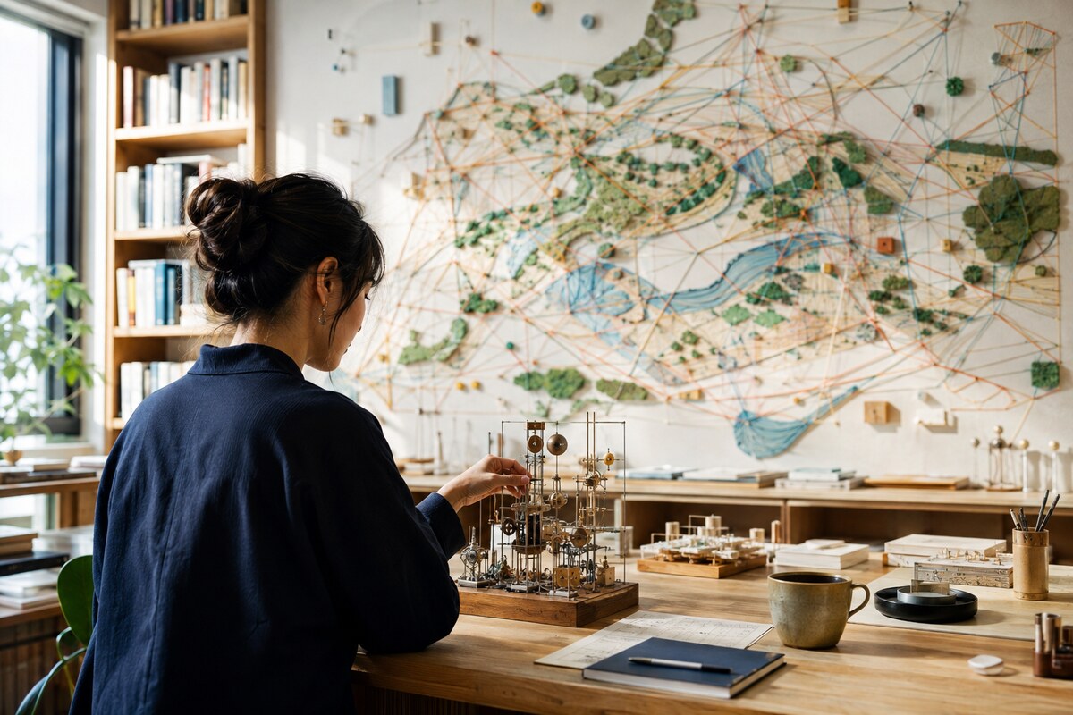 小さな模型と大きな計画図を見比べながら学ぶ架空の女性リーダー