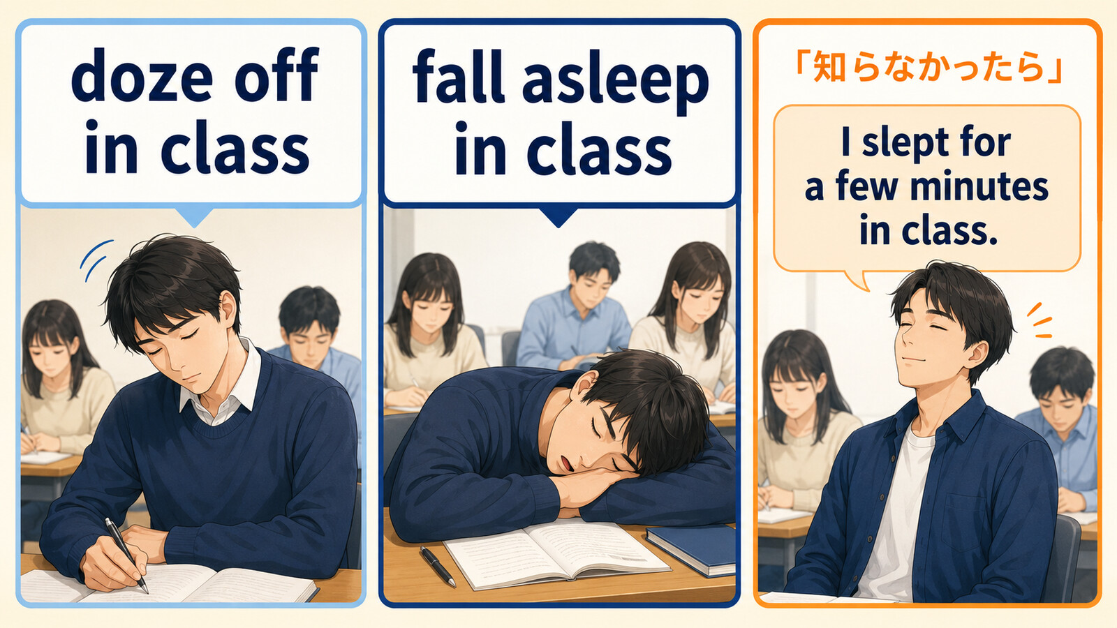 doze off in classとfall asleep in class、簡単な英語での言い換え比較
