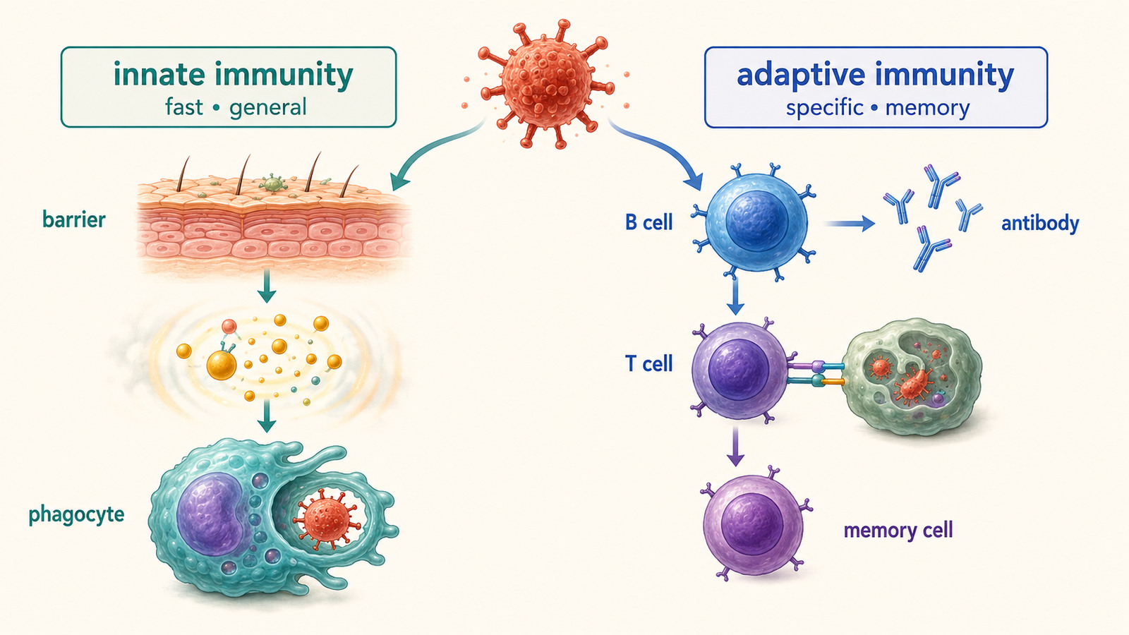 innate immunityとadaptive immunityをbarrier・phagocyte・B cell・T cell・antibody・memory cellで比較した英語図解