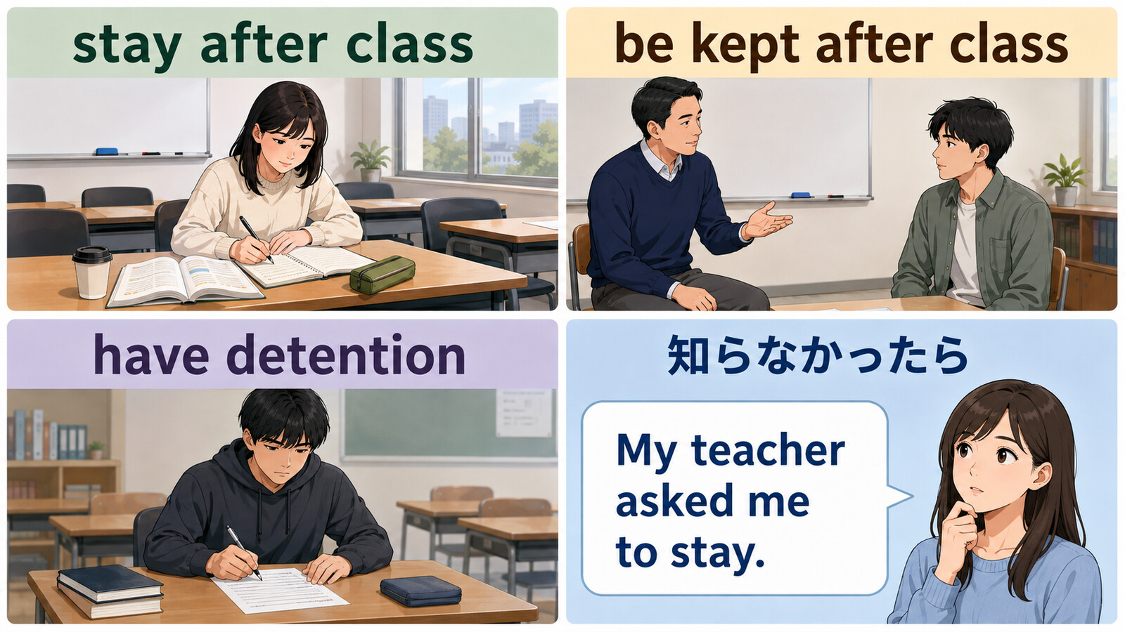 stay after class・be kept after class・have detentionの違い
