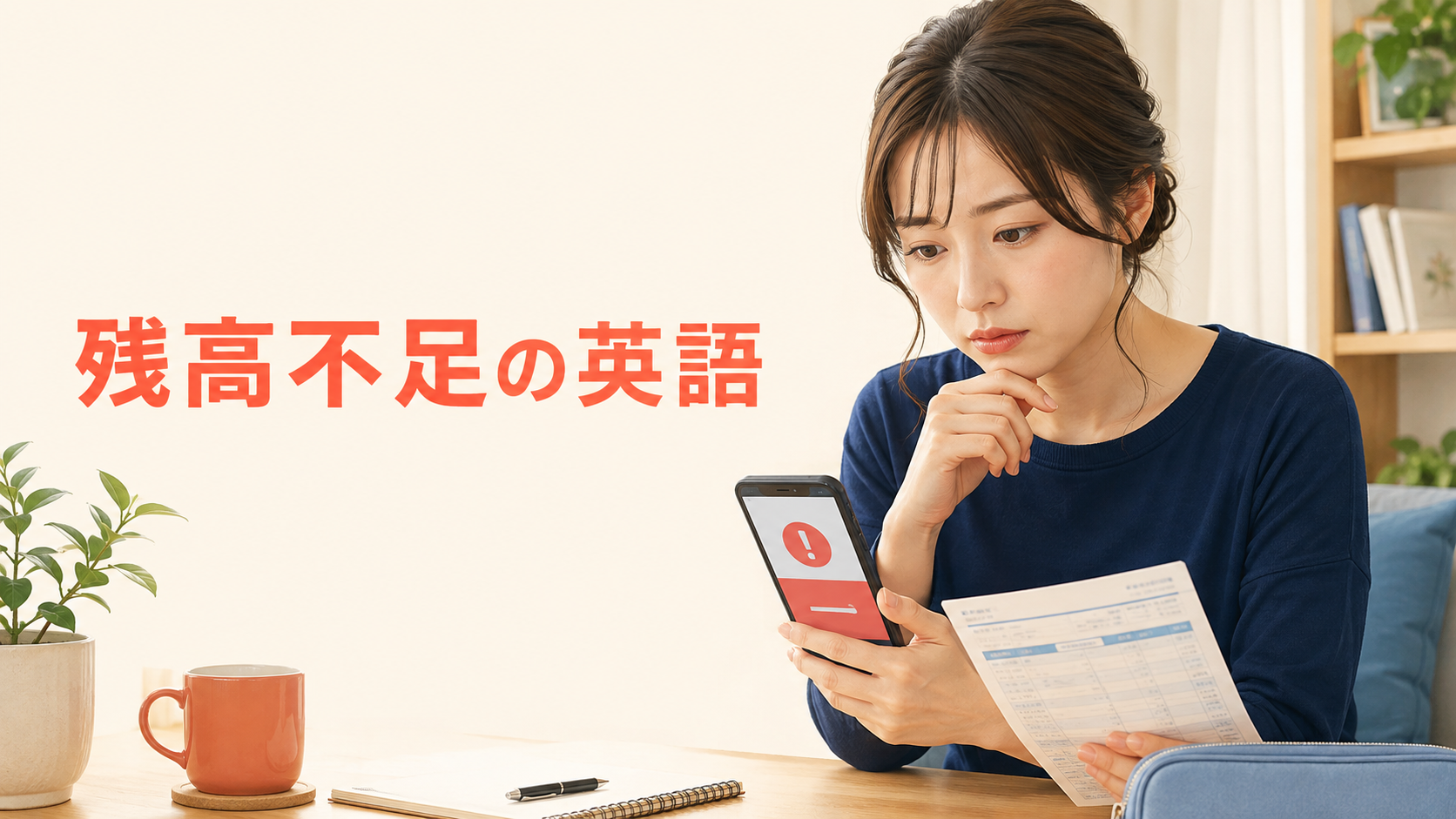 銀行口座の残高不足と決済失敗をスマートフォンで確認する日本人女性