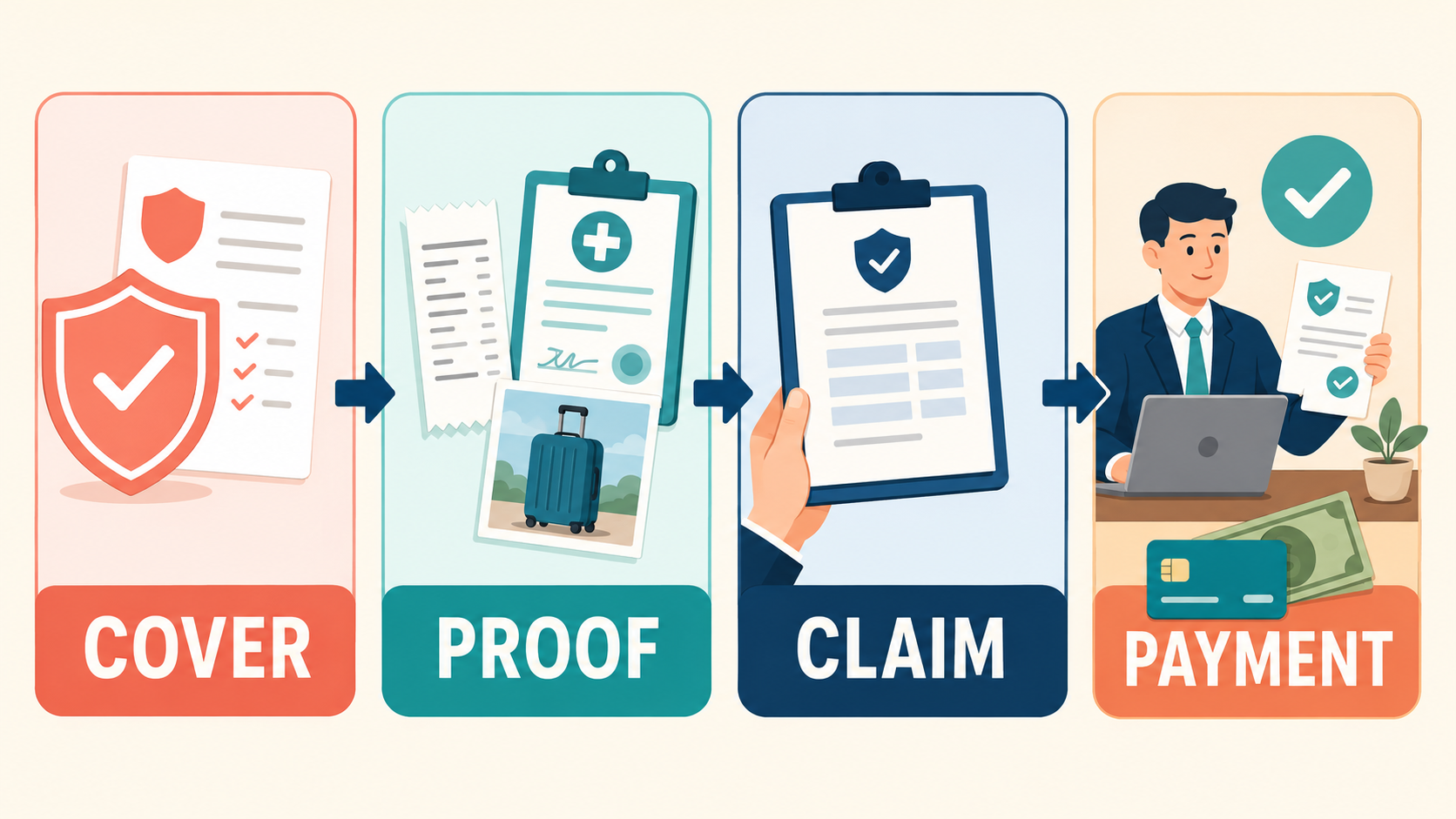 COVER・PROOF・CLAIM・PAYMENTで示す保険請求の流れ