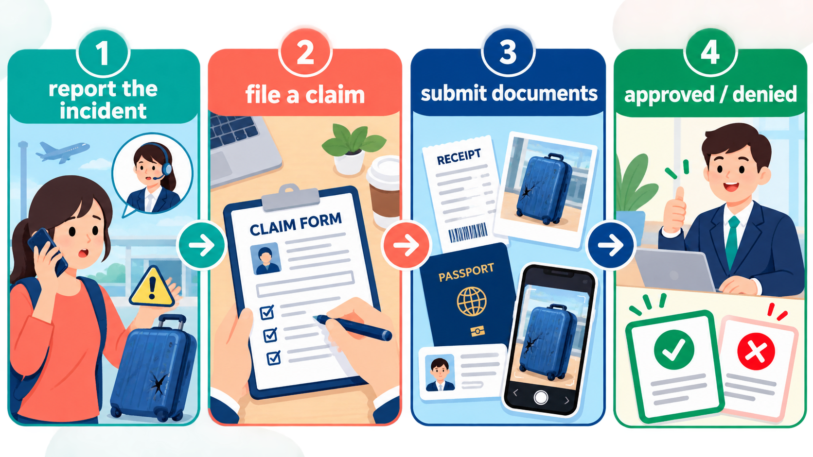 report the incident、file a claim、submit documents、approved or deniedの流れ