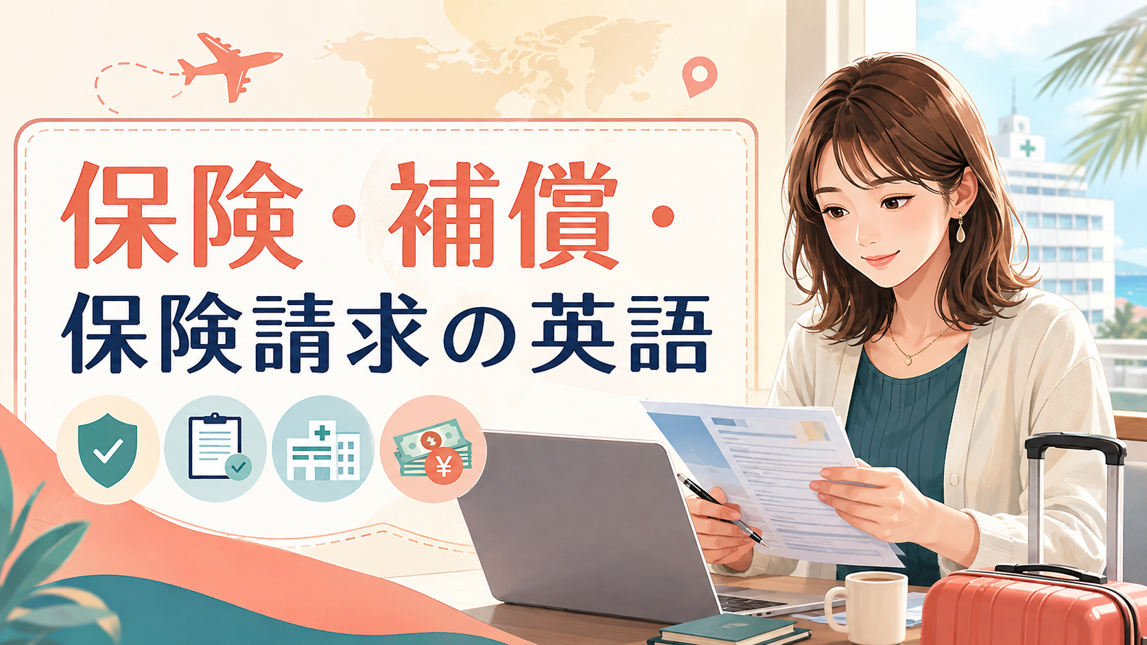 海外で保険・補償・保険請求の英語を確認する女性