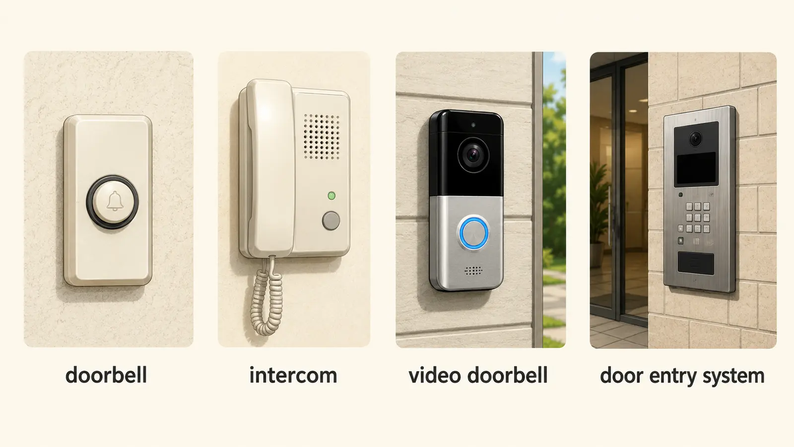 doorbell、intercom、video doorbell、door entry systemの4種類を比較した英語学習イラスト