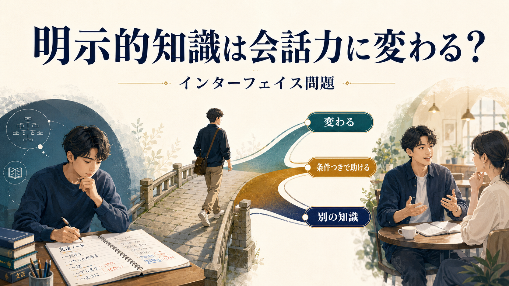 明示的知識が会話力に変わるかを三つの経路で示すインターフェイス問題のイメージ