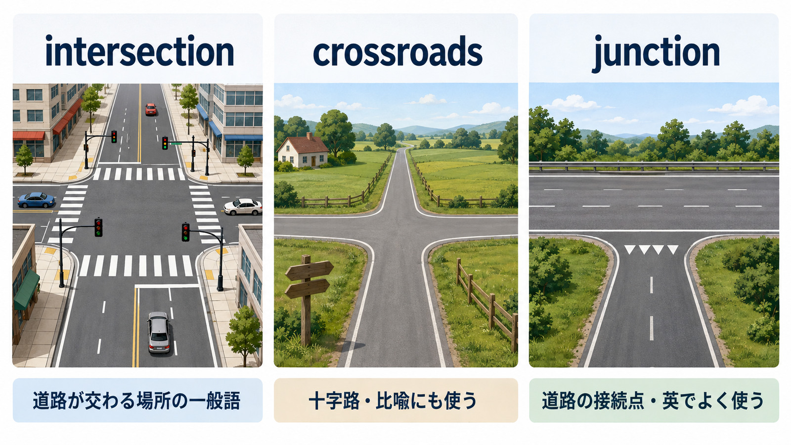 intersection・crossroads・junctionの違いを道路図で比較