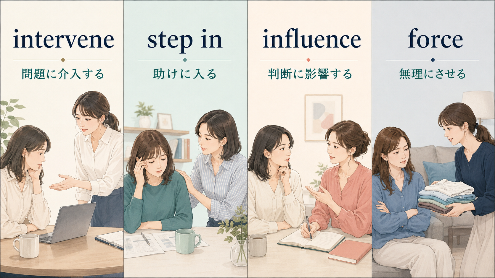 intervene・step in・influence・forceの意味の違いを4場面で比較