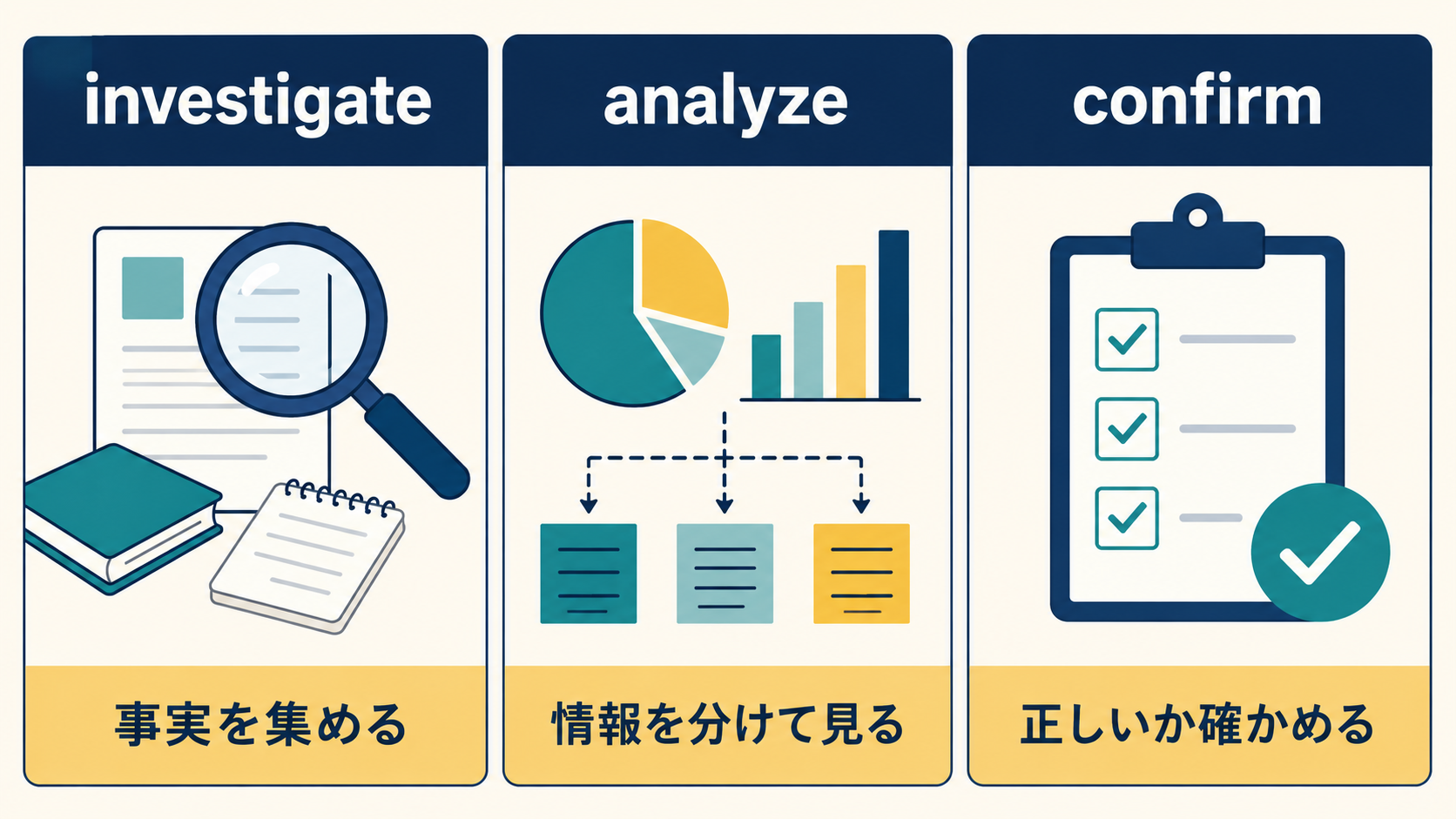 investigate・analyze・confirmの違いを3段階で示すイラスト