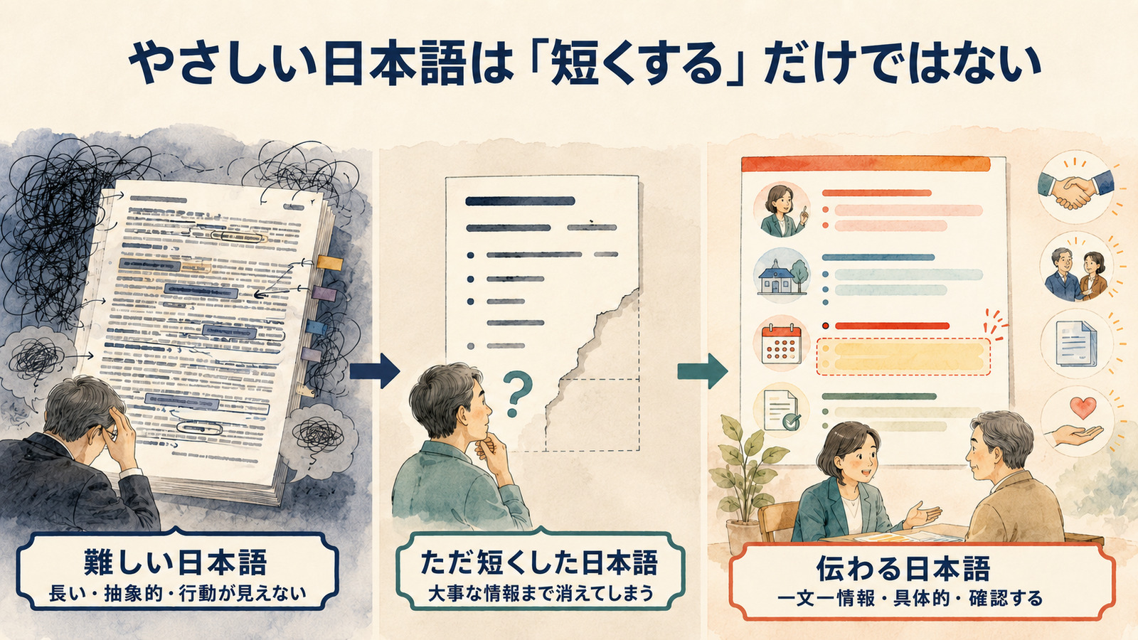 難しい日本語、ただ短くした日本語、伝わるやさしい日本語の違いを示す図