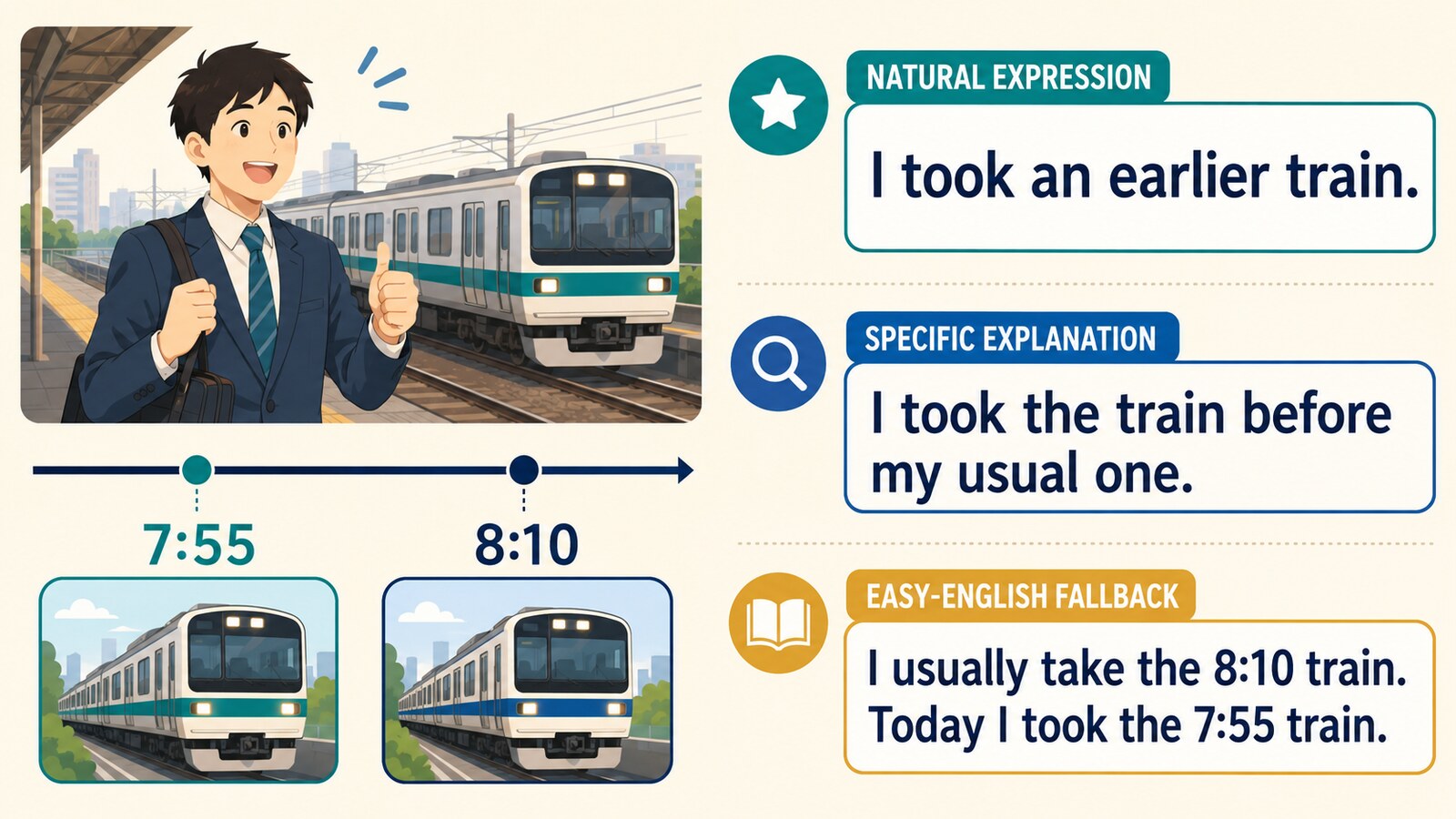 take an earlier trainと時刻を使った簡単な言い換えを比較する図