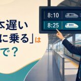 「一本遅い電車に乗る」は英語で？と書かれ、8時25分の電車を選ぶ会社員のイラスト