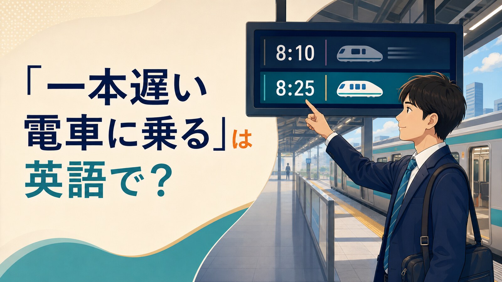 「一本遅い電車に乗る」は英語で?と書かれ、8時25分の電車を選ぶ会社員のイラスト