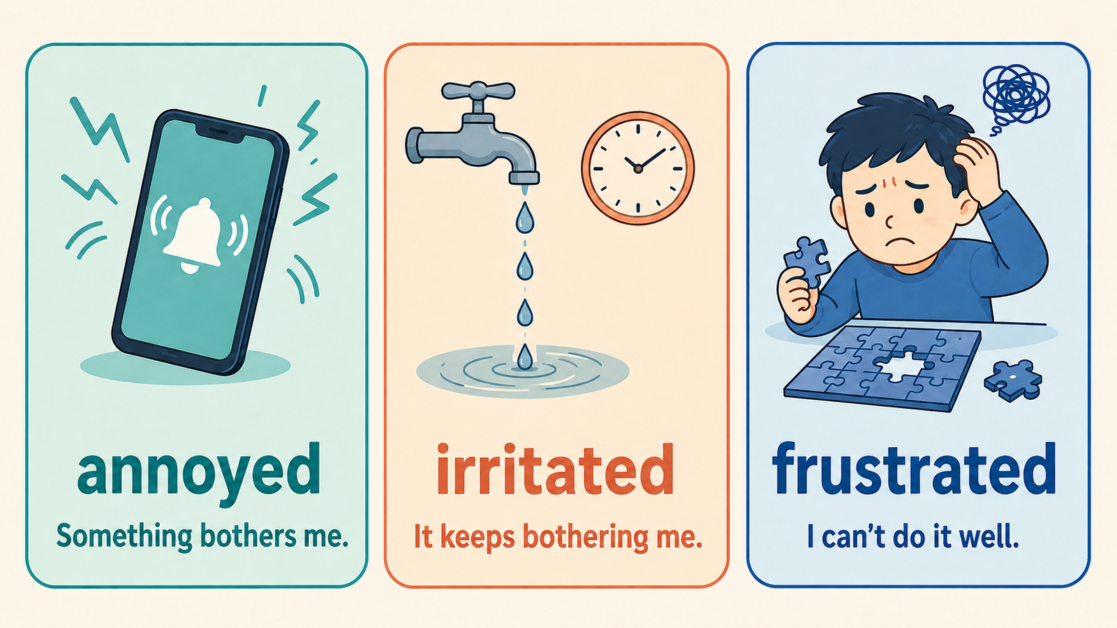 annoyed・irritated・frustratedをイライラの原因別に比較する図