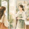 店の入口で笑顔でお客様を迎える女性スタッフの水彩イラスト
