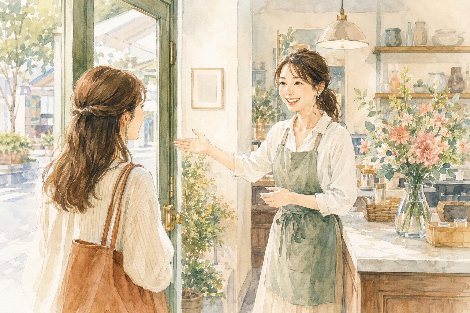 店の入口で笑顔でお客様を迎える女性スタッフの水彩イラスト