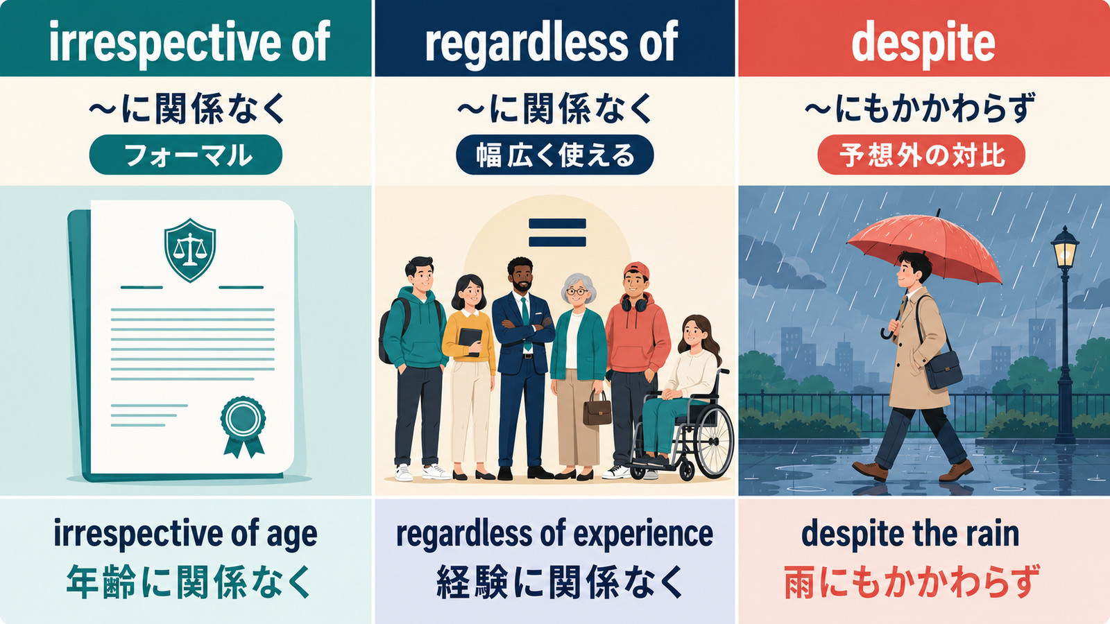 irrespective ofとregardless ofとdespiteの意味とニュアンスの違い