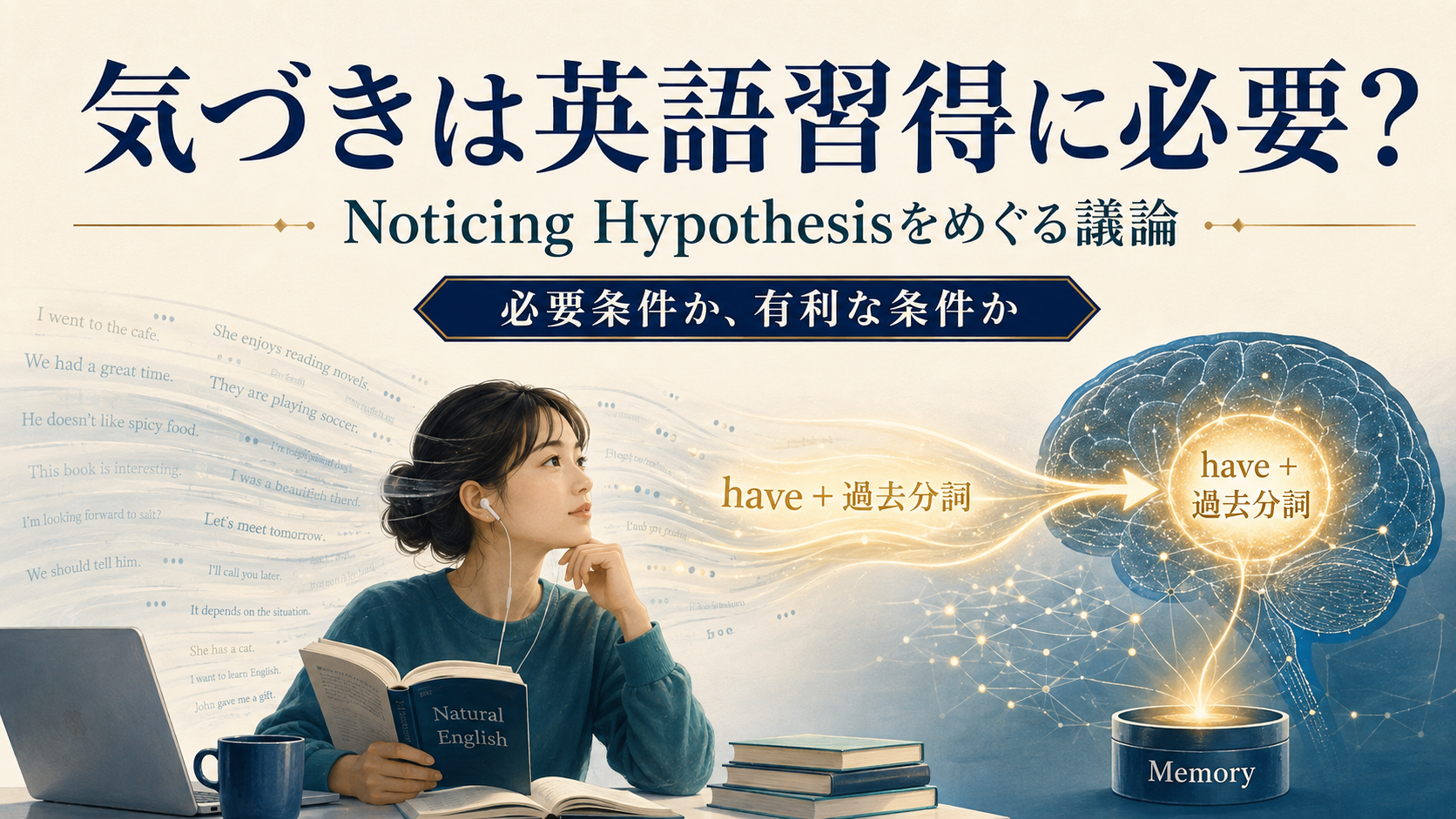 大量の英語入力からhaveと過去分詞の形に気づく学習者のイメージ