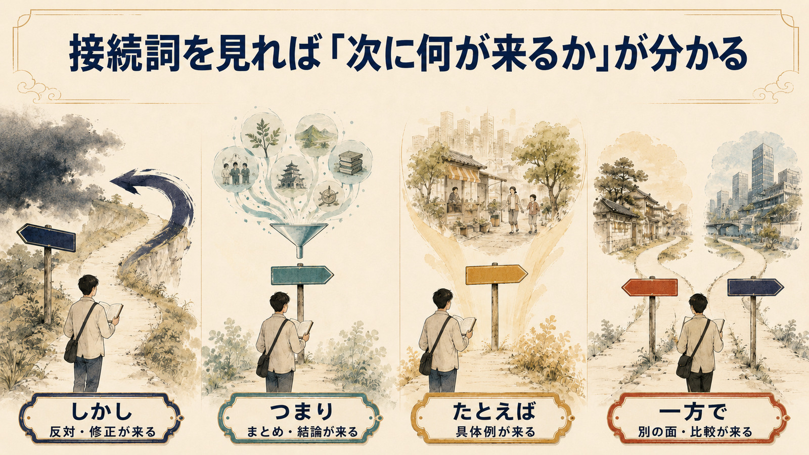 しかし・つまり・たとえば・一方でが次の文章展開を予告することを示す図