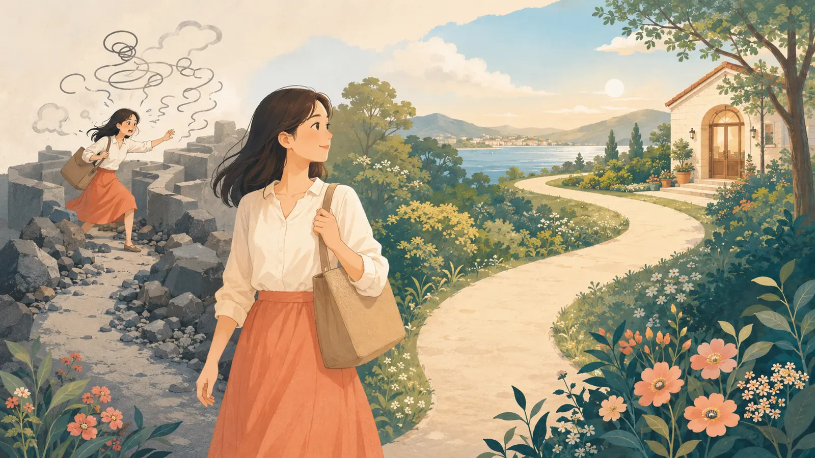 「急がば回れ」の意味を、安全な回り道と慌てた近道で表したイラスト