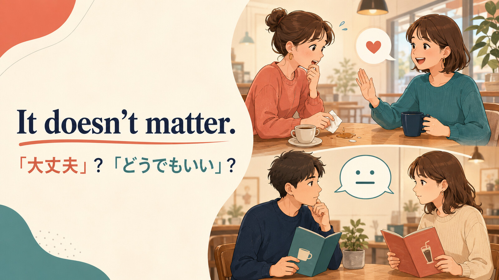It doesn’t matter.の「大丈夫」と「どうでもいい」のニュアンスを表す英会話イラスト