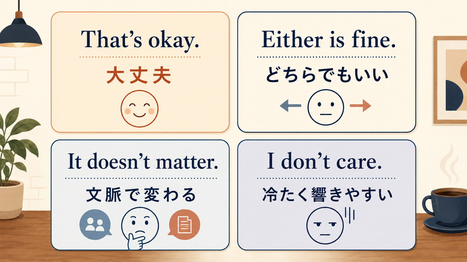 That’s okay、Either is fine、It doesn’t matter、I don’t careのニュアンス比較図
