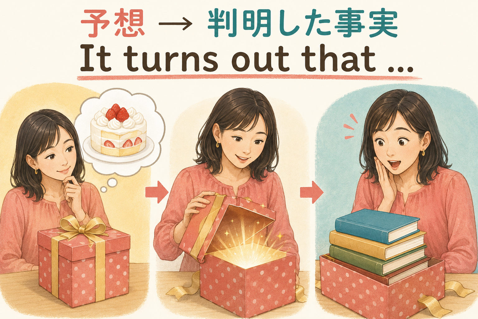 It turns out thatの予想から判明した事実への変化を表すイラスト