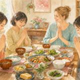 食事の前に感謝を表す女性たちのイラスト