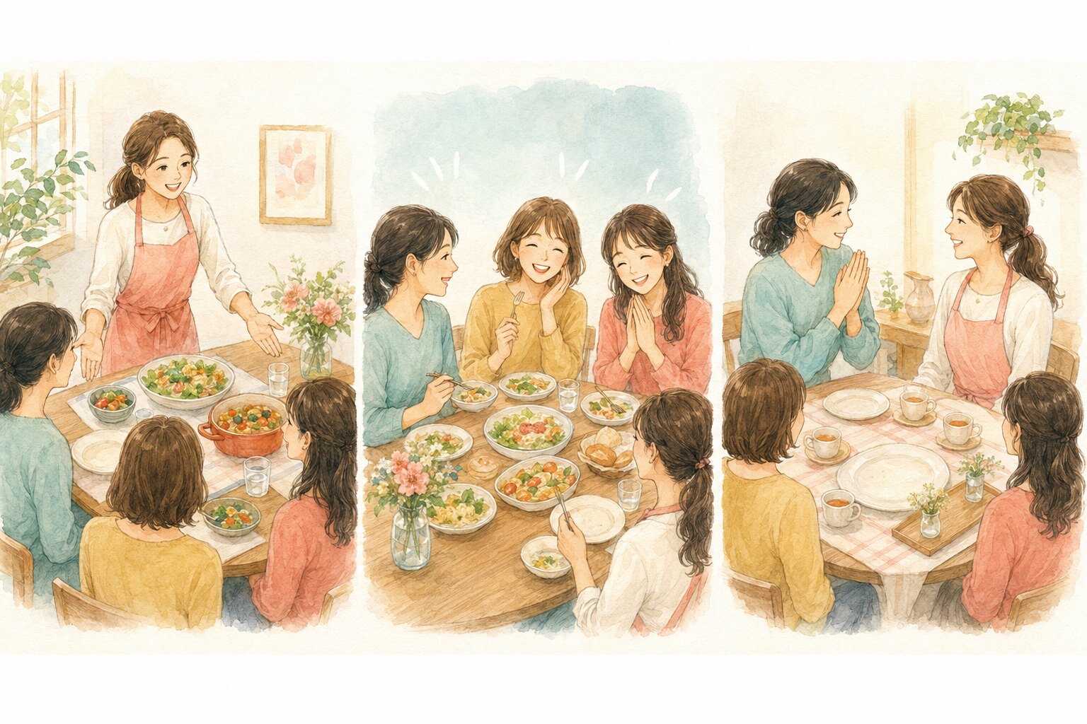食事を勧める・味わう・感謝する3つの場面のイラスト