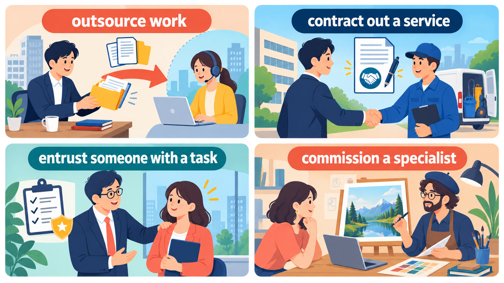 outsource work・contract out a service・entrust someone with a task・commission a specialistの違い