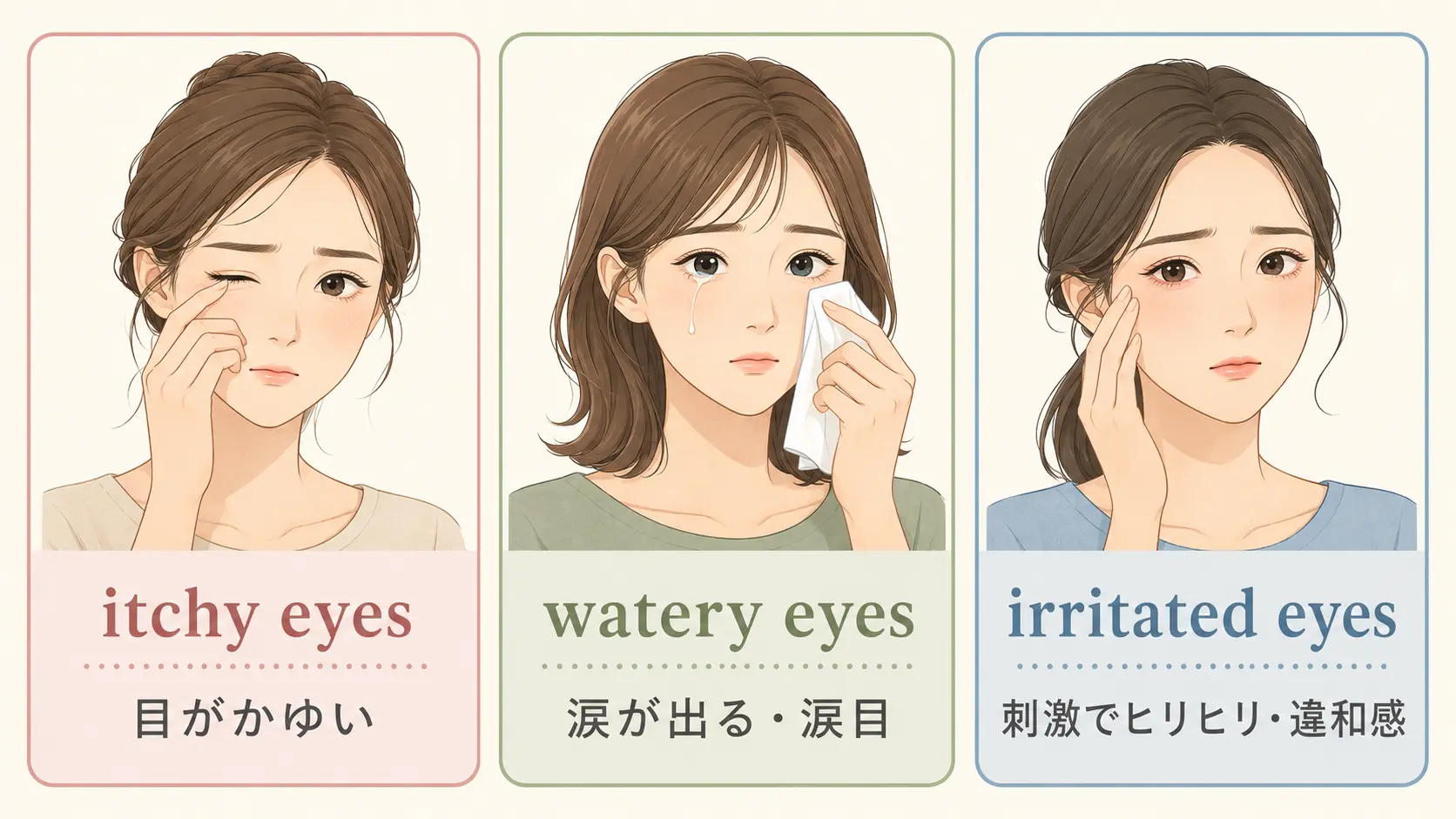 itchy eyes・watery eyes・irritated eyesの違いを示す図解