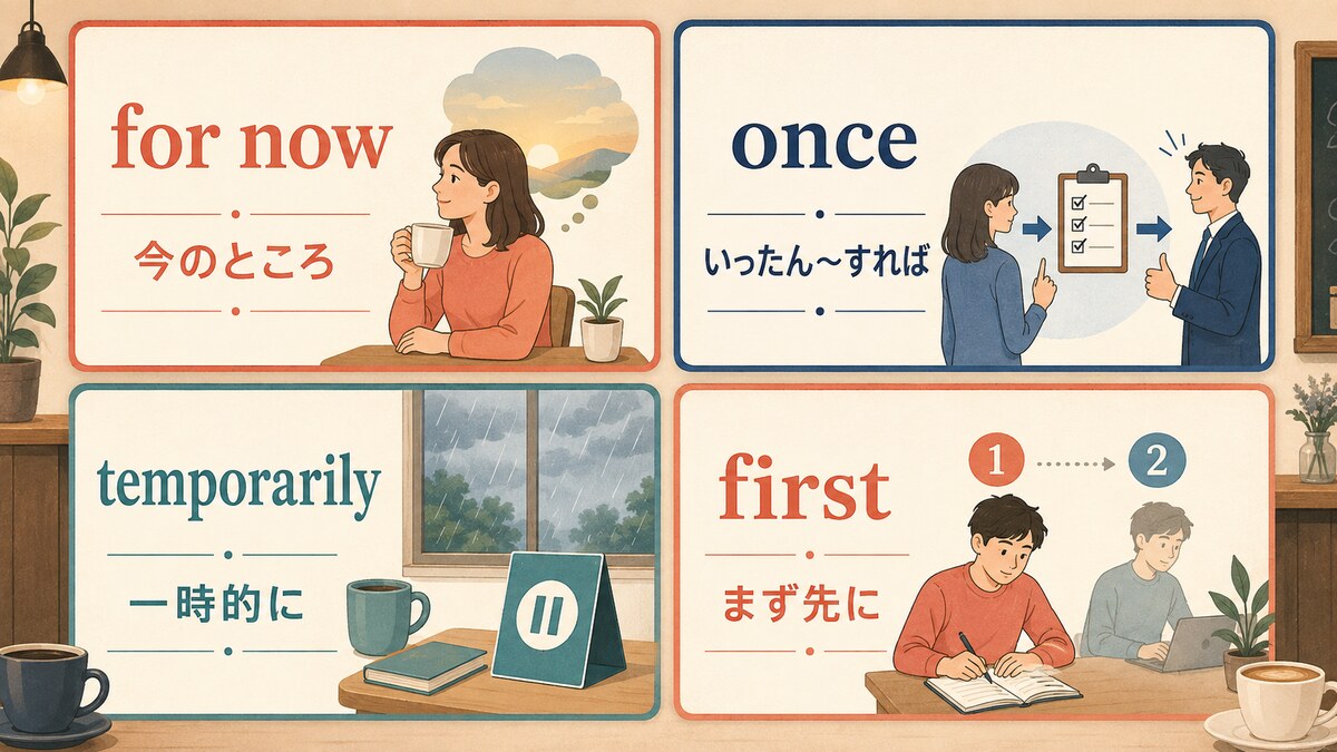 for now・once・temporarily・firstで表す「一旦」の違い