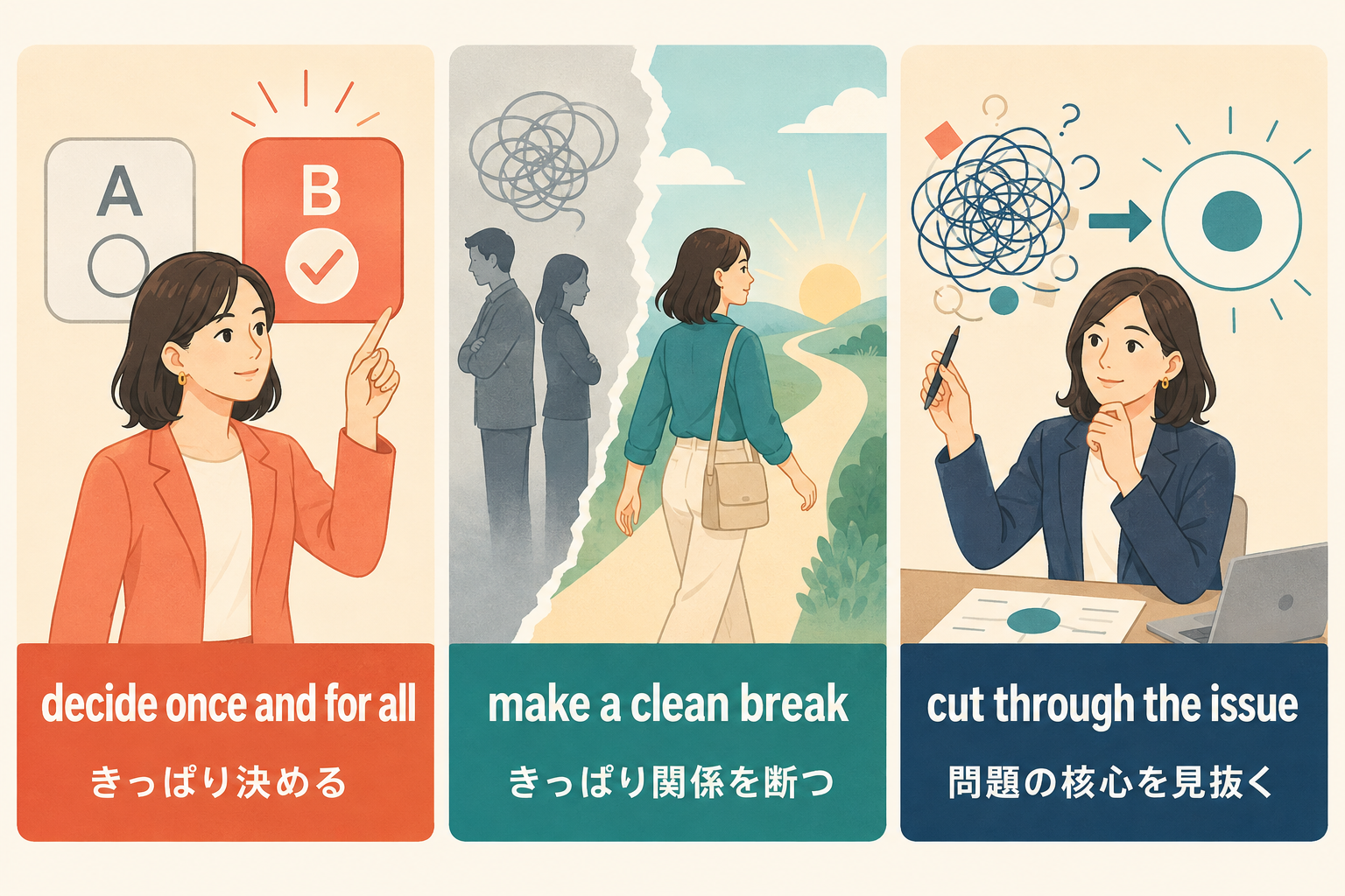一刀両断をdecide once and for allなど英語と日本語で説明するイラスト