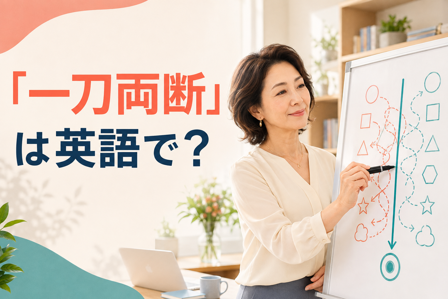 「一刀両断」は英語で?と複雑な選択肢を整理する女性のイラスト