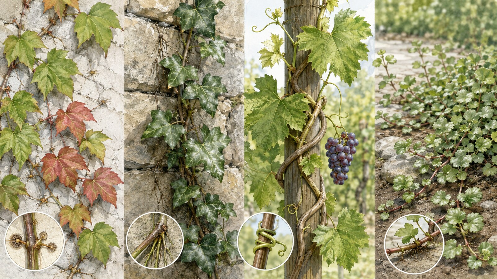 Japanese ivy・English ivy・grapevine・creeperの育ち方と付着方法の比較