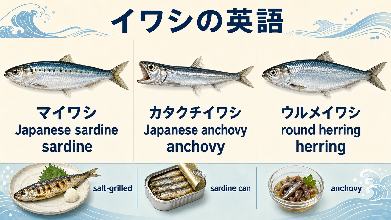 マイワシ・カタクチイワシ・ウルメイワシの英語名と料理表現を示す図解