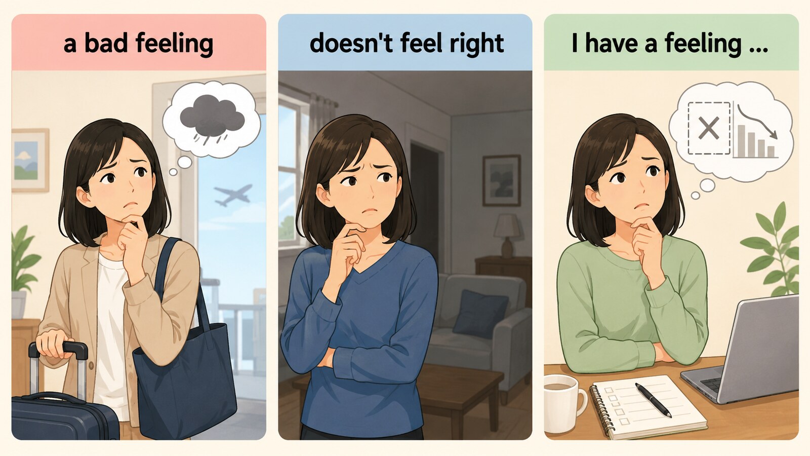 a bad feeling、doesn't feel right、I have a feelingの違いを表す3場面のイラスト