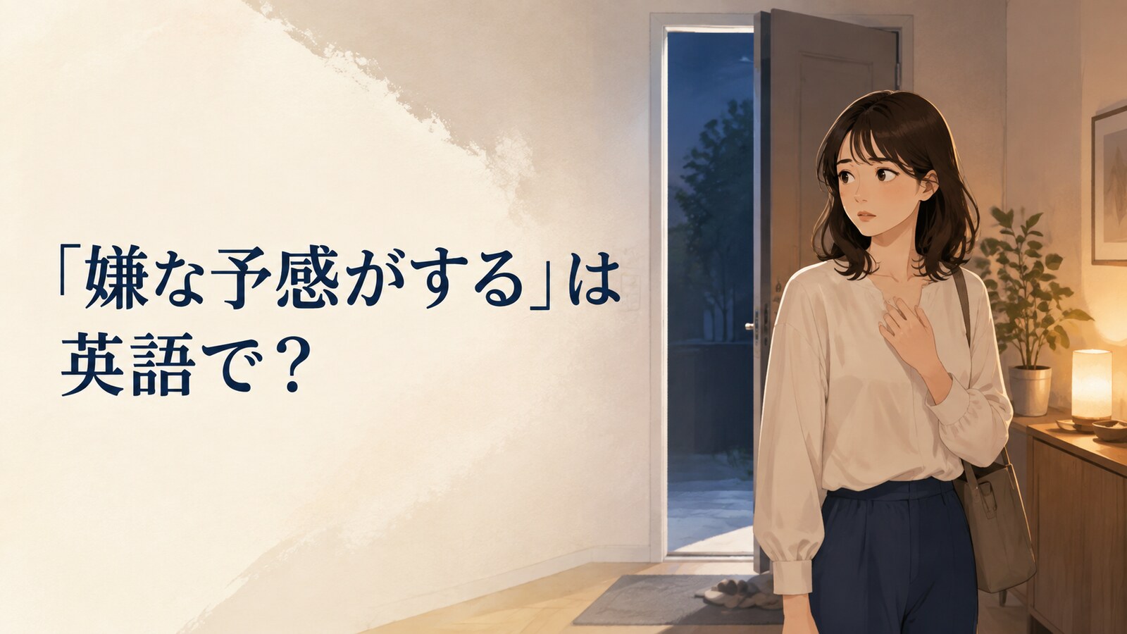 「嫌な予感がする」は英語で?と玄関で何かおかしいと感じる女性のイラスト