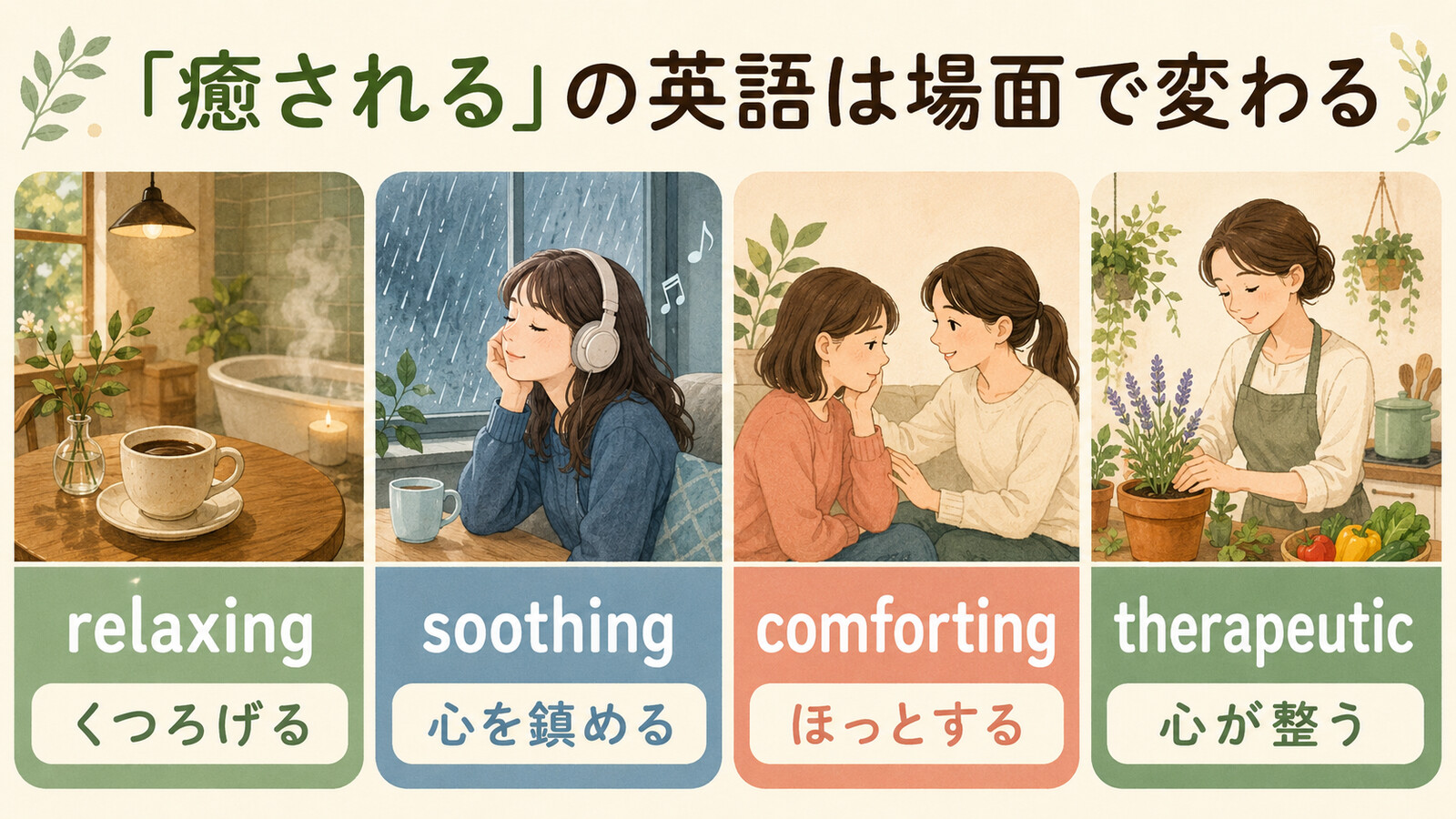 「癒される」を表す relaxing、soothing、comforting、therapeutic の違い