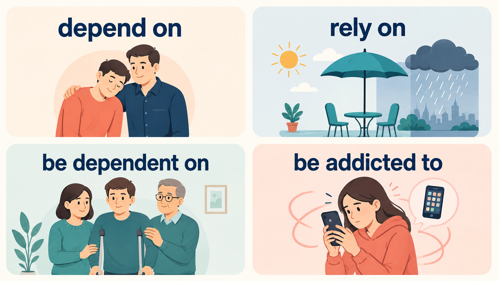 depend on・rely on・be dependent on・be addicted toの違いを示す比較イラスト