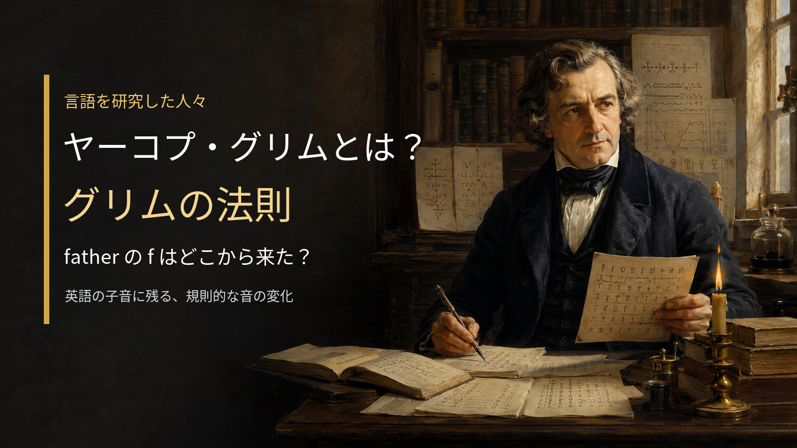 ヤーコプ・グリムとグリムの法則を紹介する記事のアイキャッチ画像