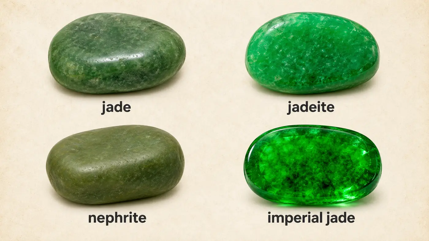 jade、jadeite、nephrite、imperial jadeの見た目と英語名の比較