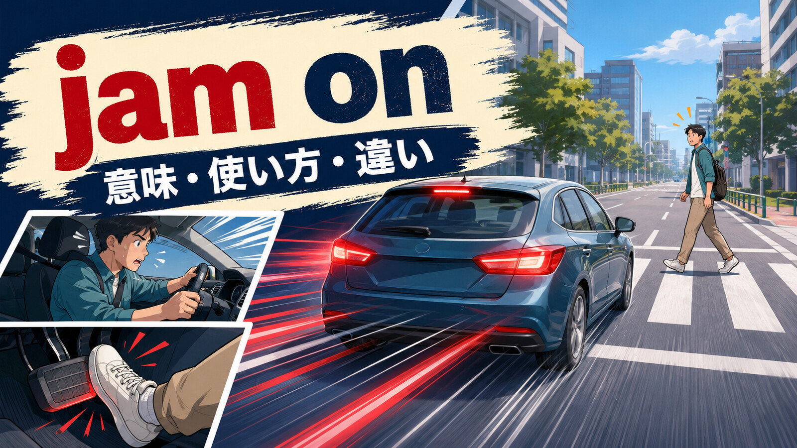 jam onの意味は？jam on the brakes「急ブレーキをかける」の使い方と違い