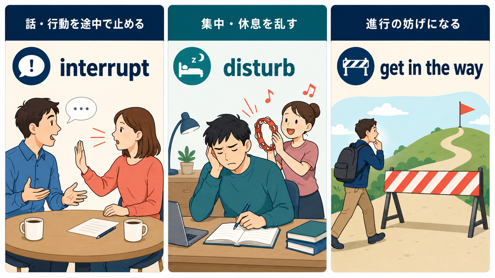 interrupt・disturb・get in the wayで表す「邪魔される」の違い