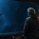 ジェームズ・キャメロンの英語の名言をイメージした、深海を見つめる映画監督のイラスト